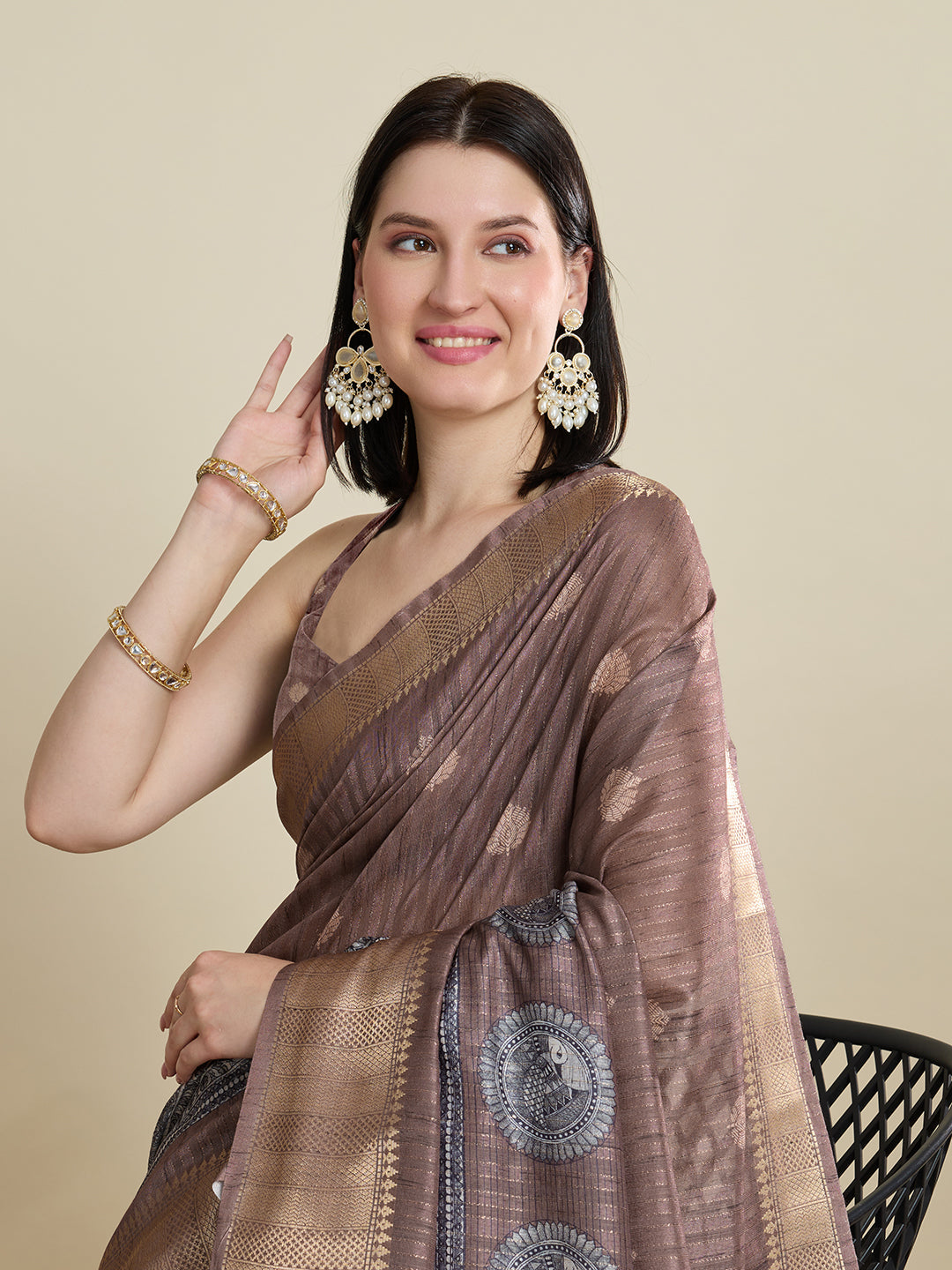 Vedant Vastram Cotton Silk Fancy Jacquard Bollywood Saree - Brown | Grocsy