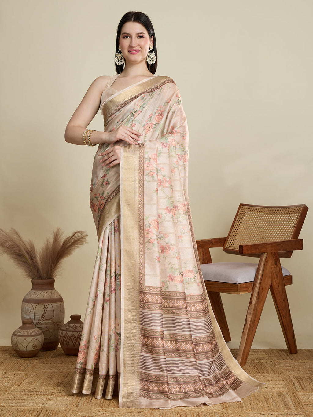Vedant Vastram Cotton Silk Fancy Jacquard Bollywood Saree - Cream | Grocsy