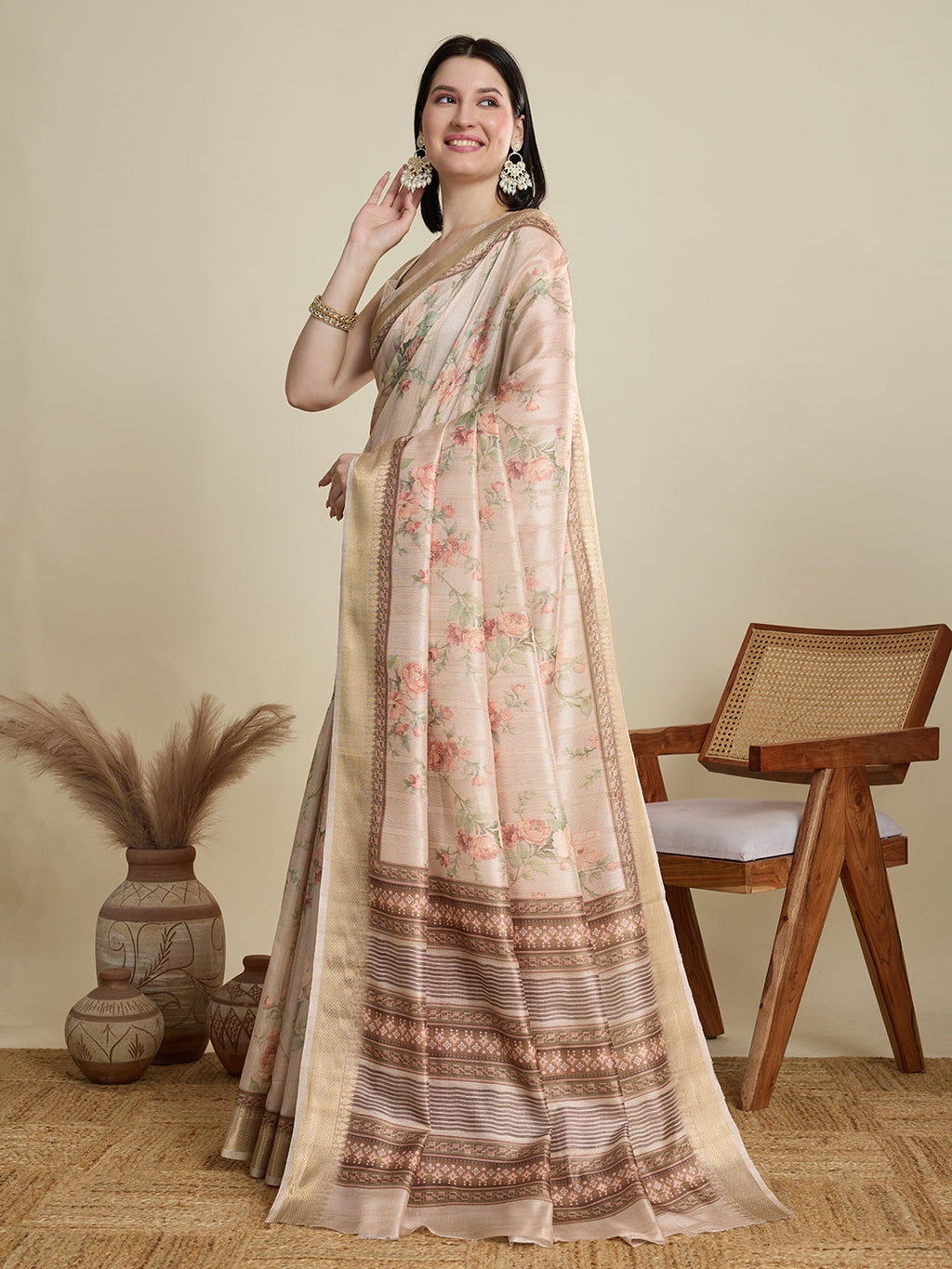 Vedant Vastram Cotton Silk Fancy Jacquard Bollywood Saree - Cream | Grocsy