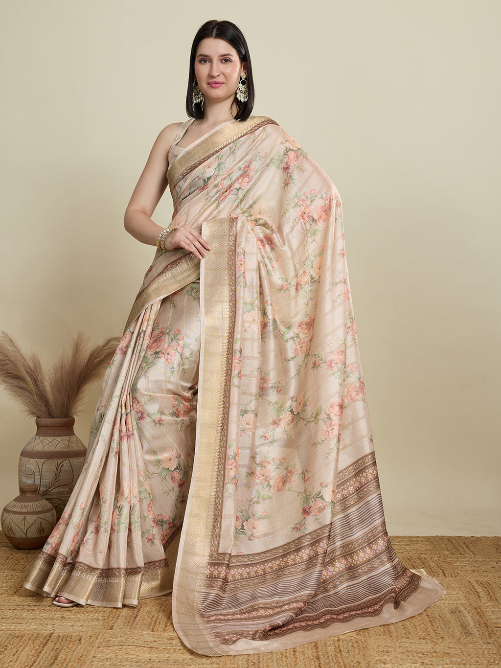 Vedant Vastram Cotton Silk Fancy Jacquard Bollywood Saree - Cream | Grocsy