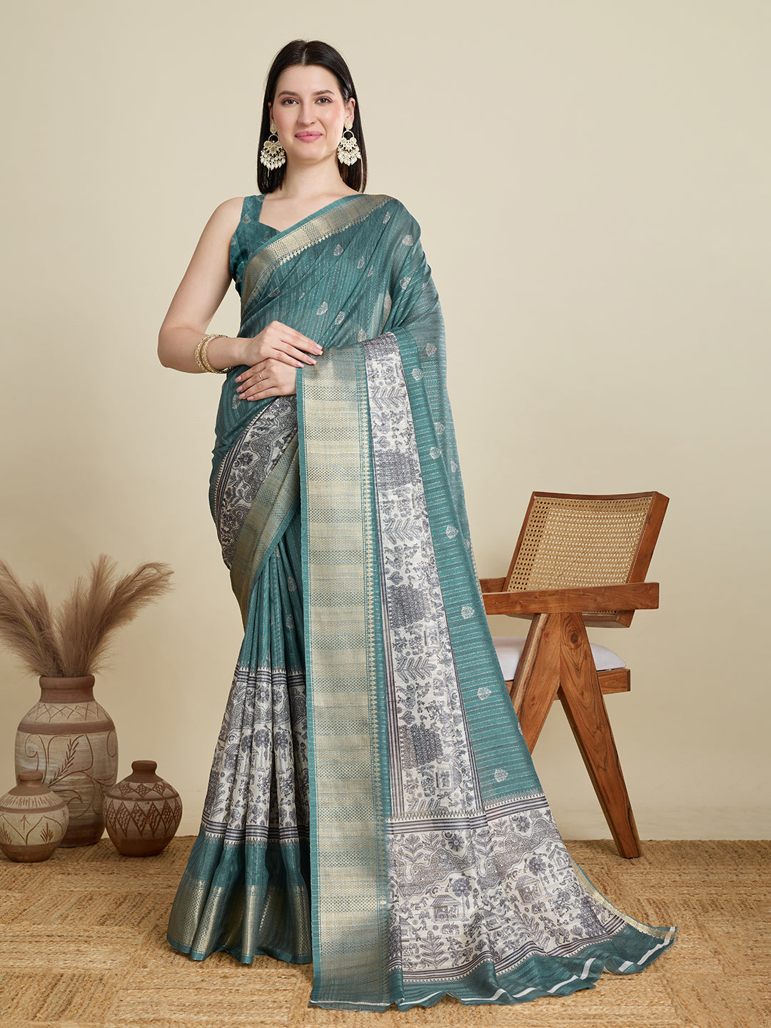 Vedant Vastram Cotton Silk Fancy Jacquard Bollywood Saree - Green | Grocsy