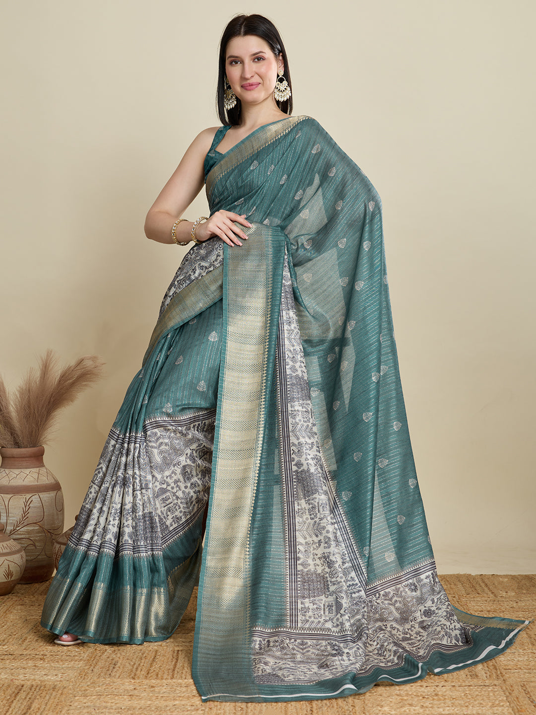 Vedant Vastram Cotton Silk Fancy Jacquard Bollywood Saree - Green | Grocsy
