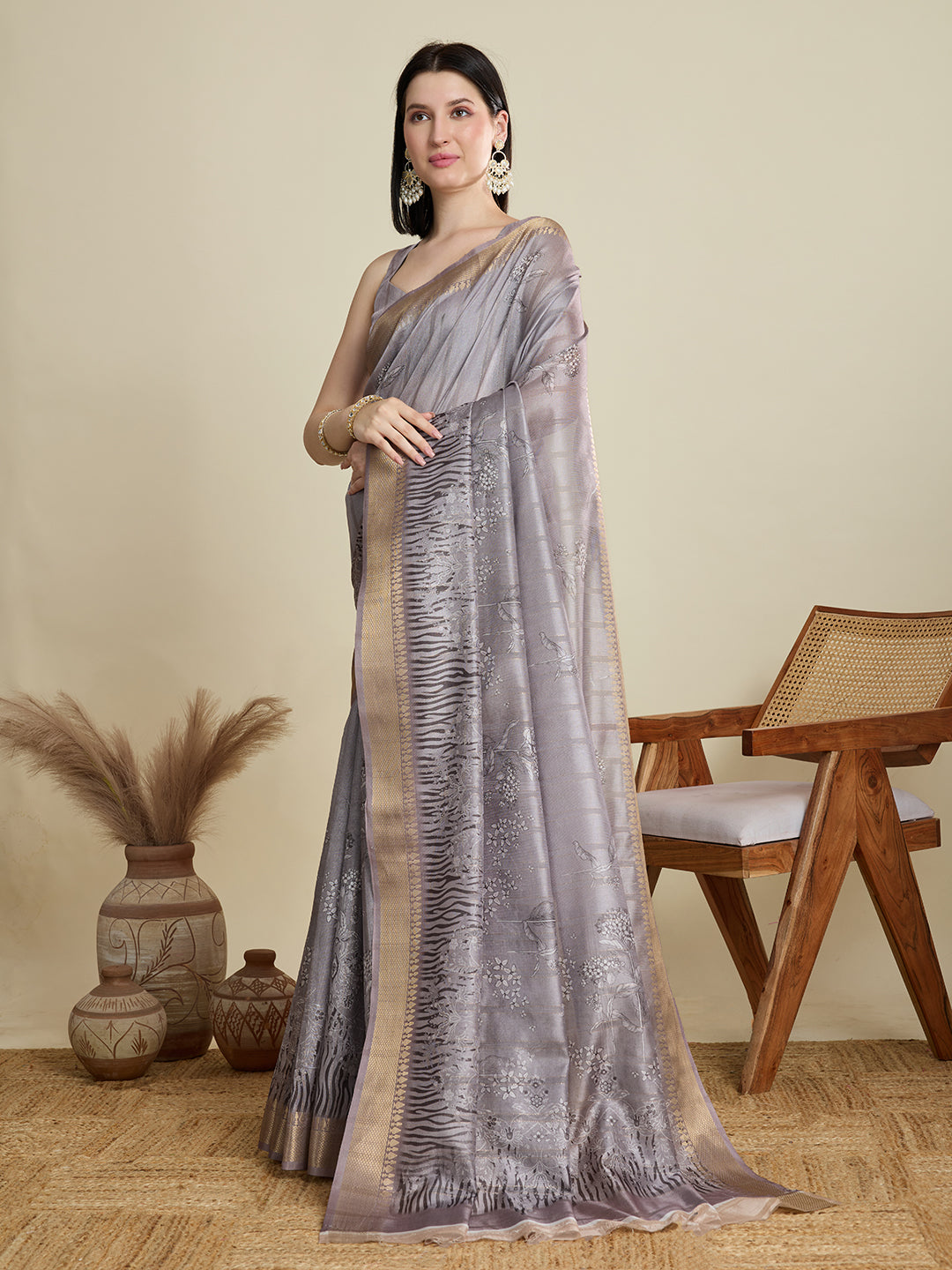 Vedant Vastram Cotton Silk Fancy Jacquard Bollywood Saree - Grey | Grocsy