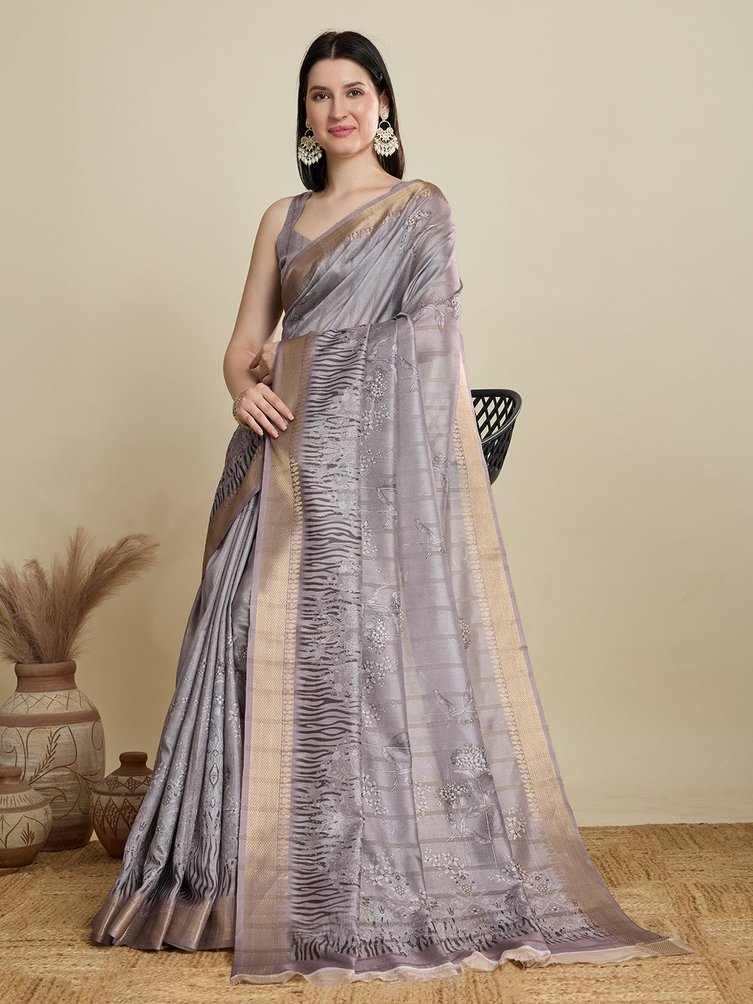 Vedant Vastram Cotton Silk Fancy Jacquard Bollywood Saree - Grey | Grocsy