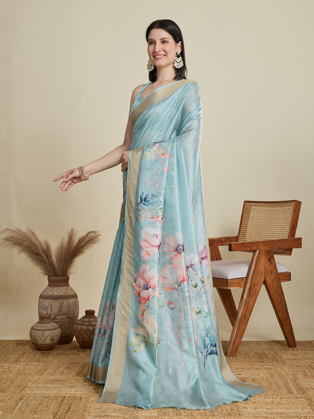 Vedant Vastram Cotton Silk Fancy Jacquard Bollywood Saree - Skyblue | Grocsy