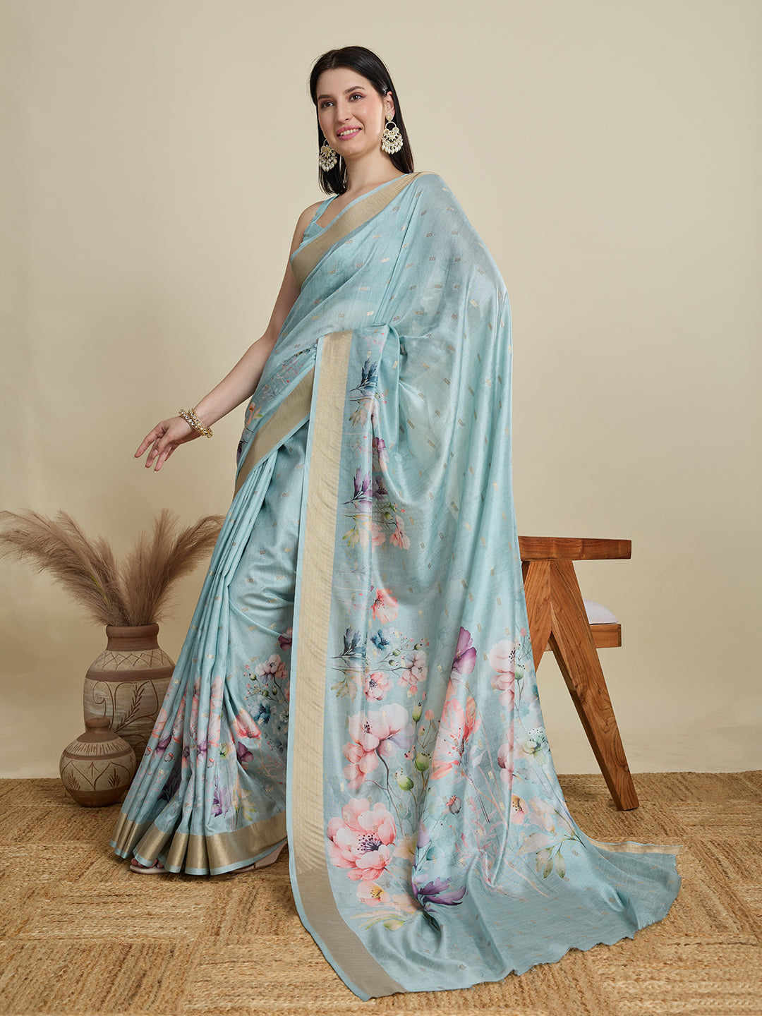 Vedant Vastram Cotton Silk Fancy Jacquard Bollywood Saree - Skyblue | Grocsy