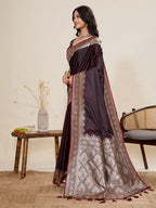 Vedant Vastram Soft Litchi Silk Banarasi Silk Jacquard Saree - Maroon | Grocsy