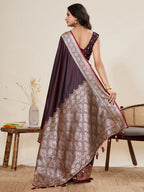 Vedant Vastram Soft Litchi Silk Banarasi Silk Jacquard Saree - Maroon | Grocsy