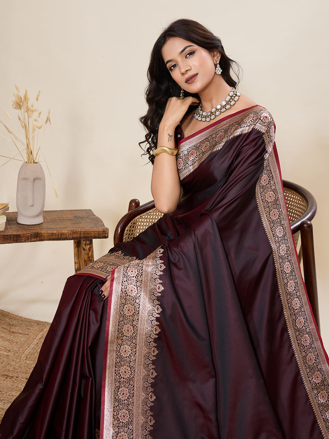 Vedant Vastram Soft Litchi Silk Banarasi Silk Jacquard Saree - Maroon | Grocsy