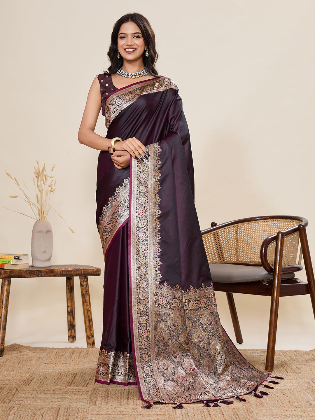 Vedant Vastram Soft Litchi Silk Banarasi Silk Jacquard Saree - Wine | Grocsy
