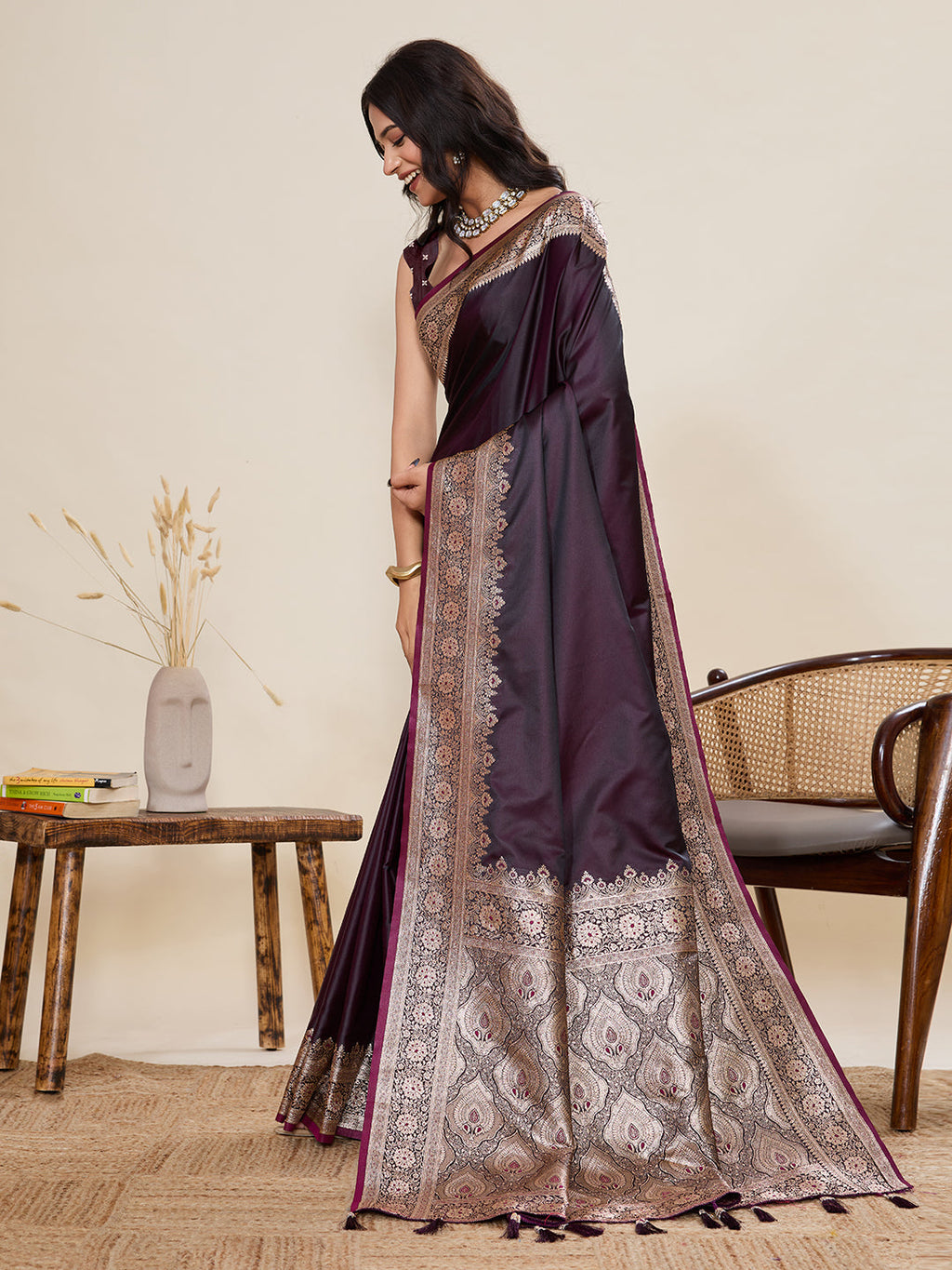 Vedant Vastram Soft Litchi Silk Banarasi Silk Jacquard Saree - Wine | Grocsy