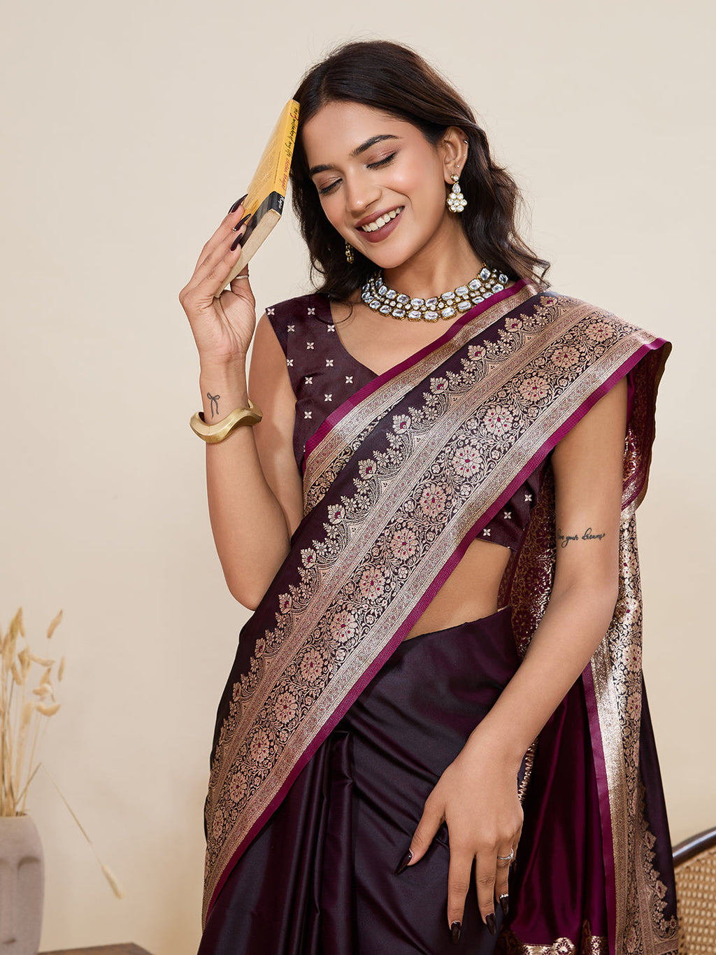 Vedant Vastram Soft Litchi Silk Banarasi Silk Jacquard Saree - Wine | Grocsy