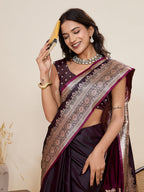 Vedant Vastram Soft Litchi Silk Banarasi Silk Jacquard Saree - Wine | Grocsy