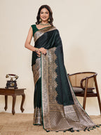 Vedant Vastram Soft Litchi Silk Banarasi Silk Jacquard Saree - Green | Grocsy