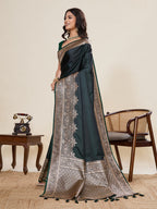Vedant Vastram Soft Litchi Silk Banarasi Silk Jacquard Saree - Green | Grocsy
