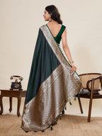 Vedant Vastram Soft Litchi Silk Banarasi Silk Jacquard Saree - Green | Grocsy