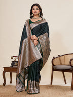 Vedant Vastram Soft Litchi Silk Banarasi Silk Jacquard Saree - Green | Grocsy