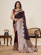 Vedant Vastram Soft Litchi Silk Banarasi Silk Jacquard Saree - Maroon | Grocsy
