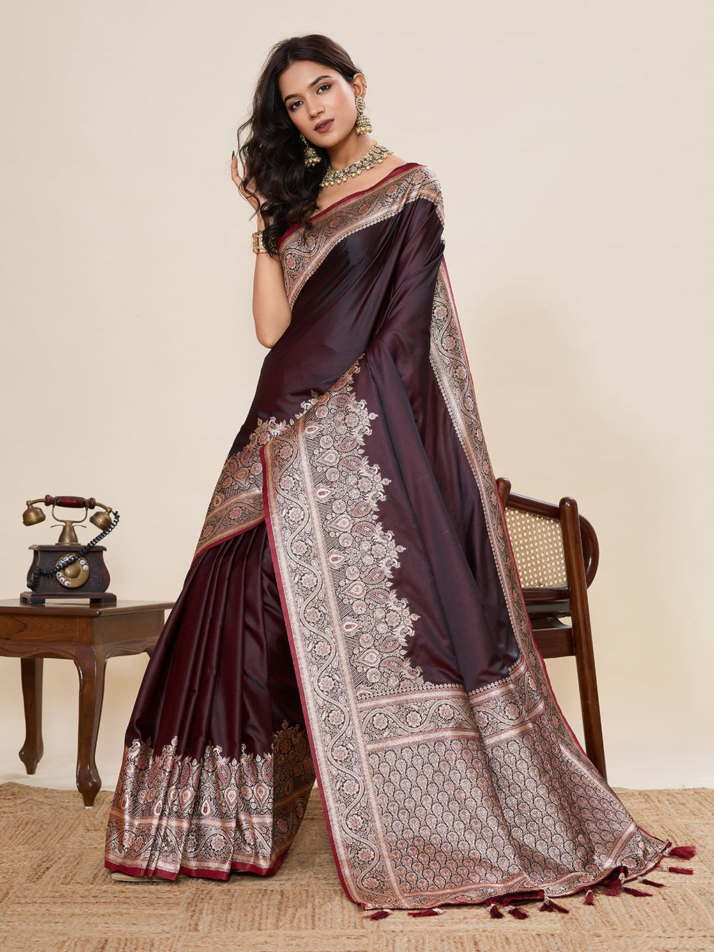Vedant Vastram Soft Litchi Silk Banarasi Silk Jacquard Saree - Maroon | Grocsy