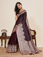 Vedant Vastram Soft Litchi Silk Banarasi Silk Jacquard Saree - Maroon | Grocsy