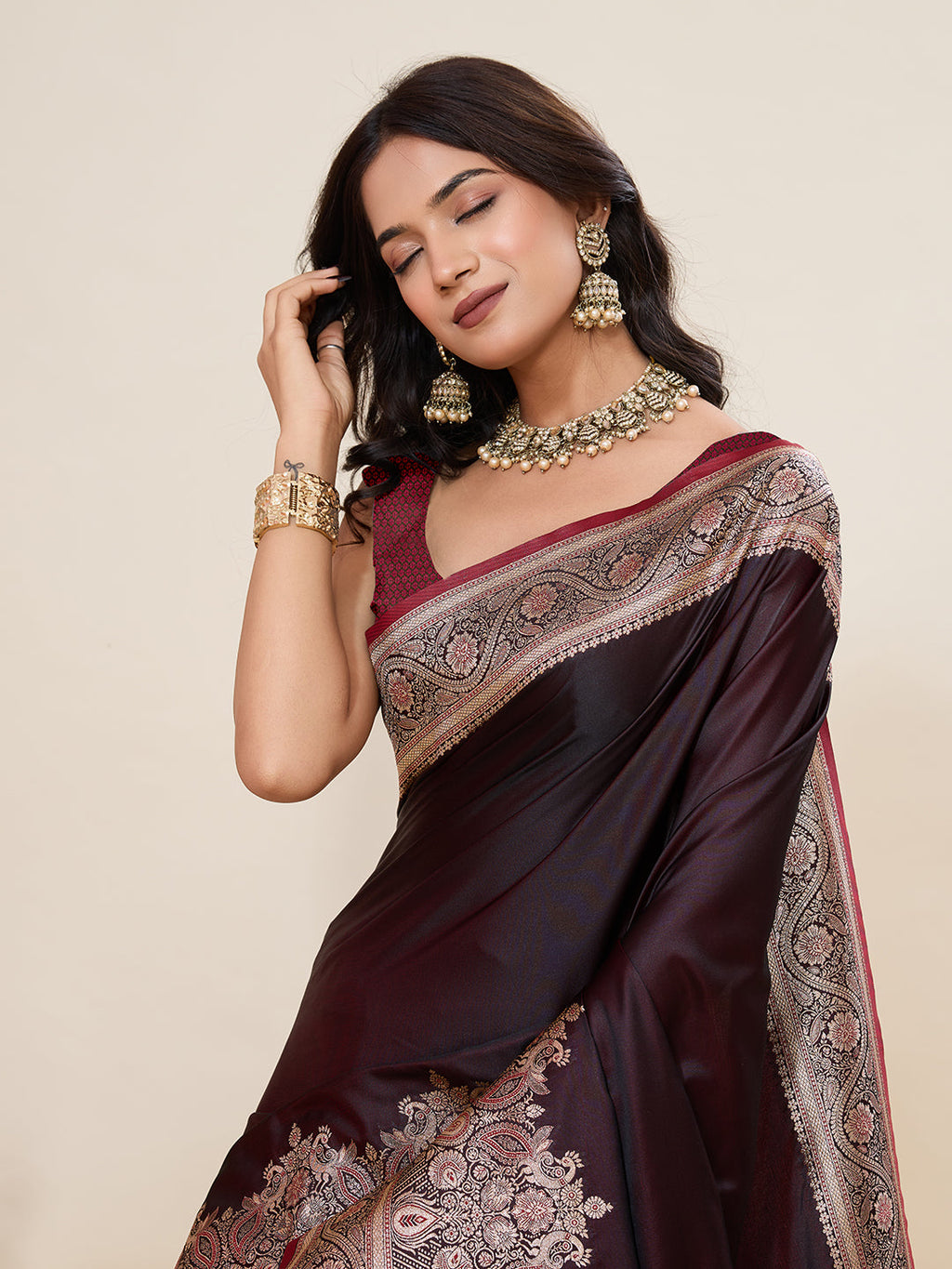 Vedant Vastram Soft Litchi Silk Banarasi Silk Jacquard Saree - Maroon | Grocsy