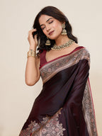 Vedant Vastram Soft Litchi Silk Banarasi Silk Jacquard Saree - Maroon | Grocsy