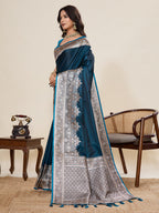 Vedant Vastram Soft Litchi Silk Banarasi Silk Jacquard Saree - Rama | Grocsy