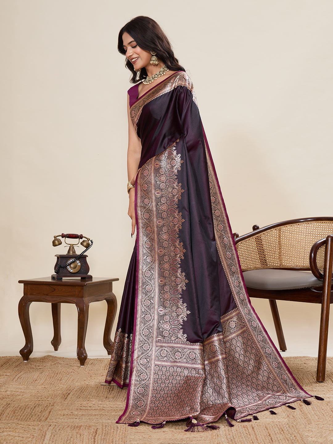 Vedant Vastram Soft Litchi Silk Banarasi Silk Jacquard Saree - Wine | Grocsy