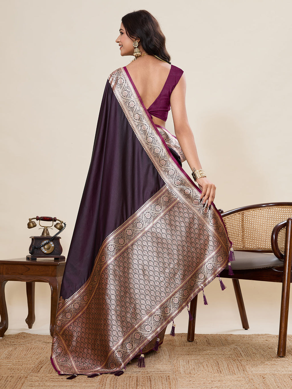 Vedant Vastram Soft Litchi Silk Banarasi Silk Jacquard Saree - Wine | Grocsy