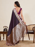 Vedant Vastram Soft Litchi Silk Banarasi Silk Jacquard Saree - Wine | Grocsy