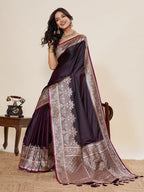 Vedant Vastram Soft Litchi Silk Banarasi Silk Jacquard Saree - Wine | Grocsy