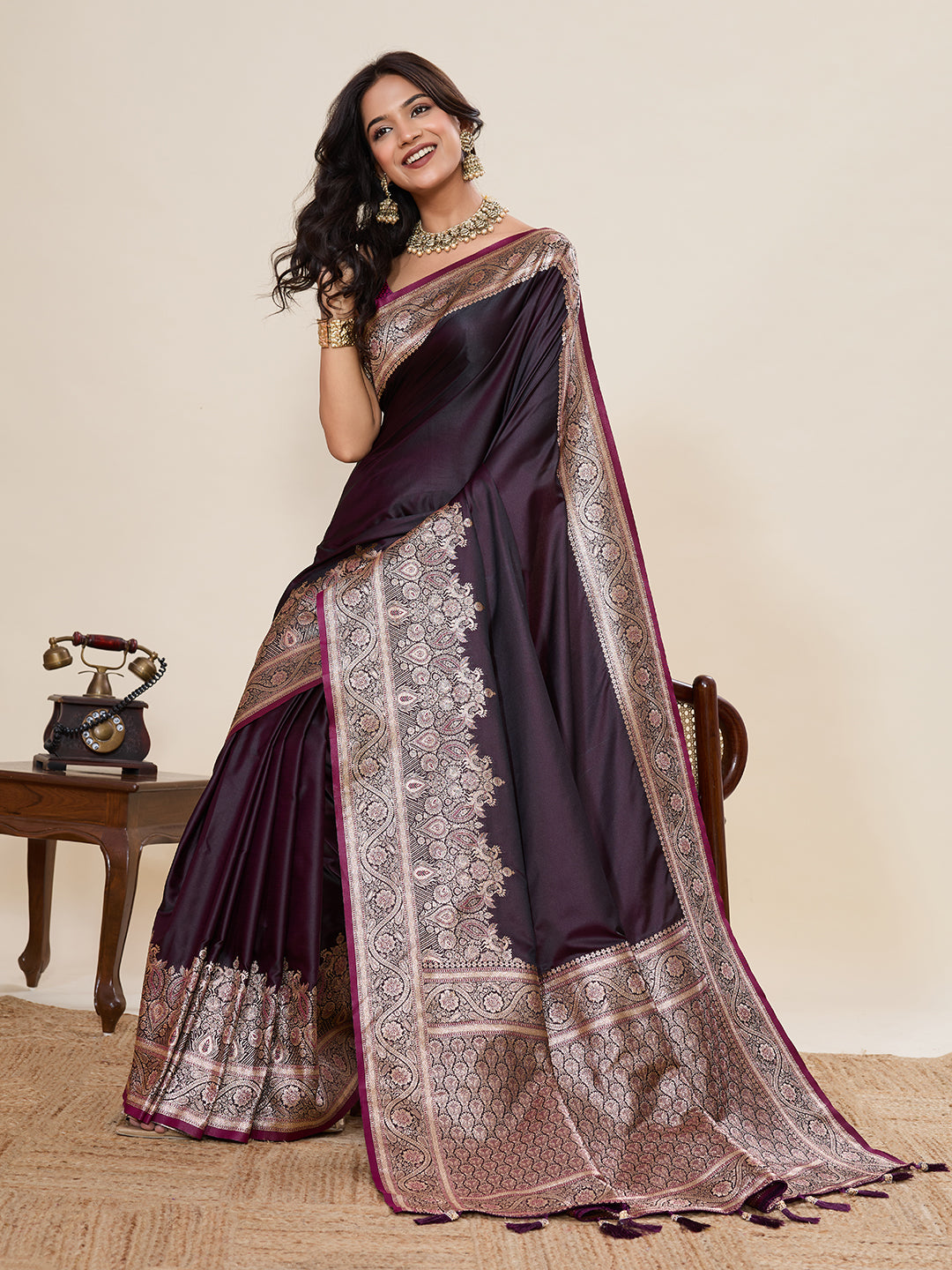 Vedant Vastram Soft Litchi Silk Banarasi Silk Jacquard Saree - Wine | Grocsy