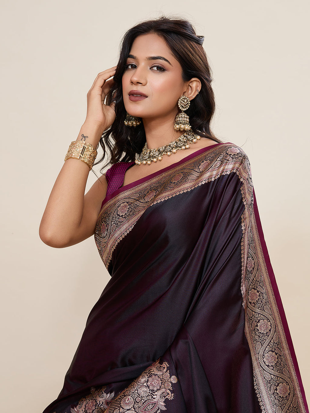 Vedant Vastram Soft Litchi Silk Banarasi Silk Jacquard Saree - Wine | Grocsy