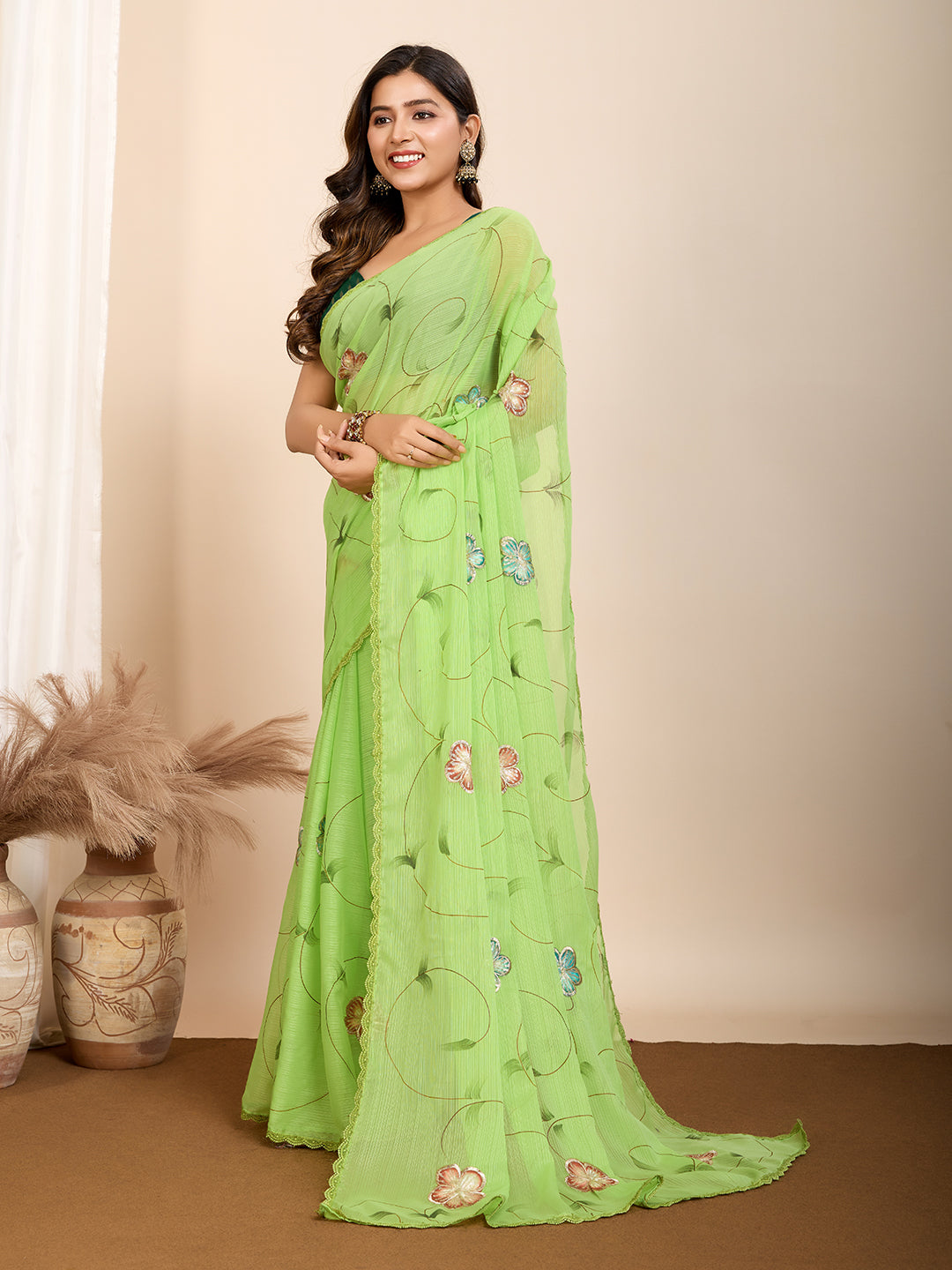 Vedant Vastram Georgette Printed Fancy Saree - Parrot | Grocsy