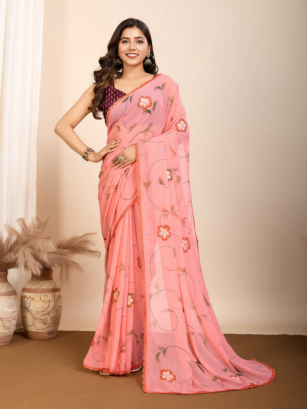Vedant Vastram Georgette Printed Fancy Saree - Peach | Grocsy