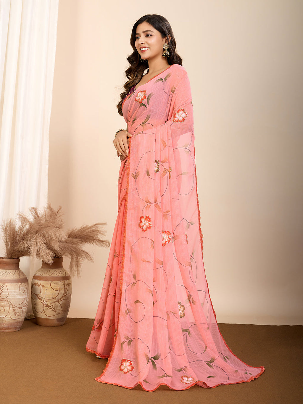 Vedant Vastram Georgette Printed Fancy Saree - Peach | Grocsy