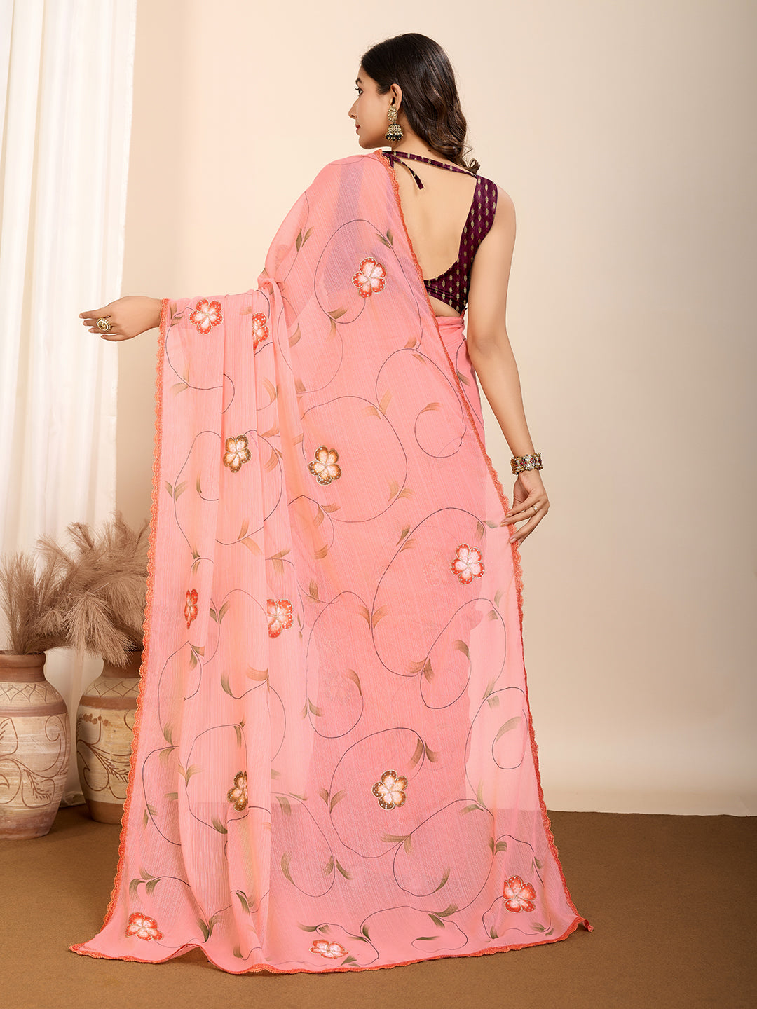 Vedant Vastram Georgette Printed Fancy Saree - Peach | Grocsy