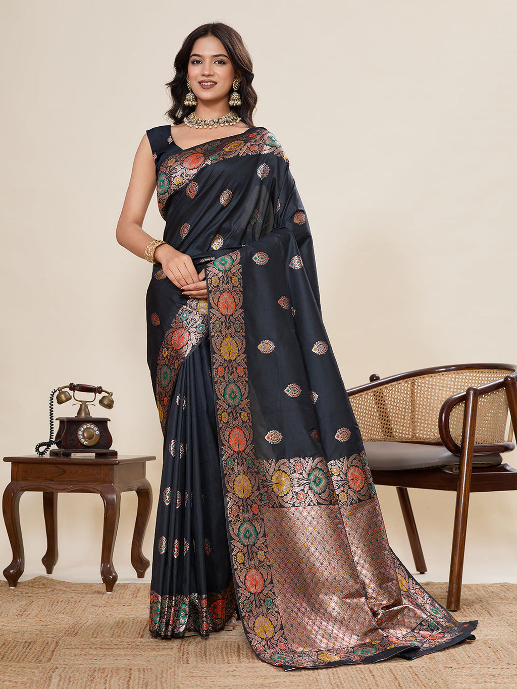 Vedant Vastram Soft Litchi Silk Banarasi Silk Jacquard Saree - Black | Grocsy