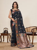Vedant Vastram Soft Litchi Silk Banarasi Silk Jacquard Saree - Black | Grocsy