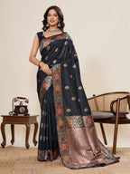 Vedant Vastram Soft Litchi Silk Banarasi Silk Jacquard Saree - Black | Grocsy