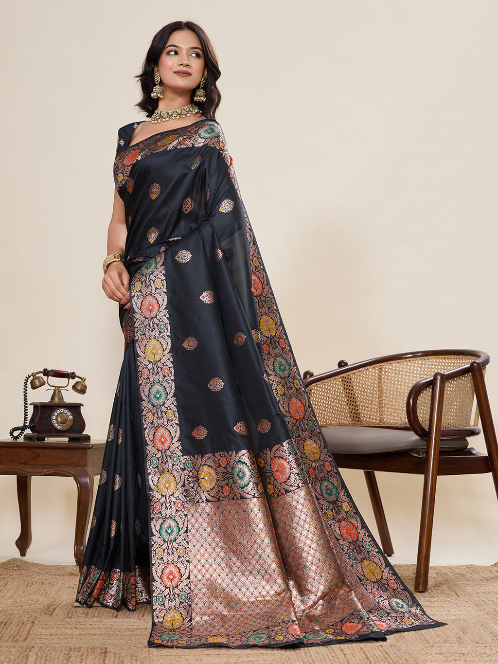 Vedant Vastram Soft Litchi Silk Banarasi Silk Jacquard Saree - Black | Grocsy