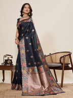 Vedant Vastram Soft Litchi Silk Banarasi Silk Jacquard Saree - Black | Grocsy