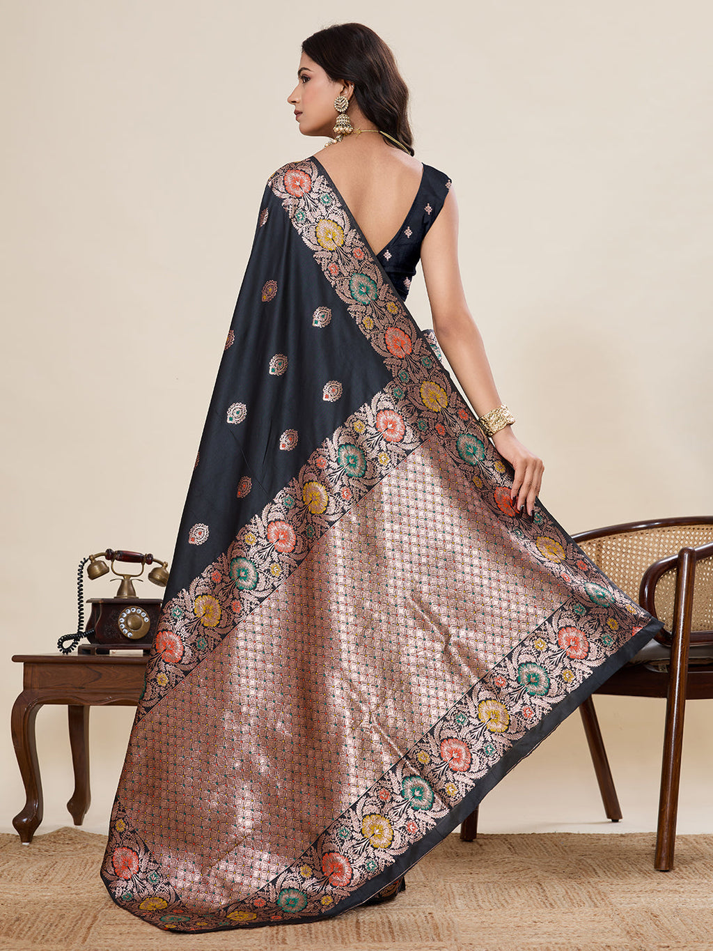 Vedant Vastram Soft Litchi Silk Banarasi Silk Jacquard Saree - Black | Grocsy