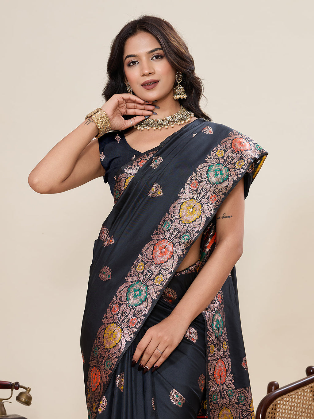 Vedant Vastram Soft Litchi Silk Banarasi Silk Jacquard Saree - Black | Grocsy