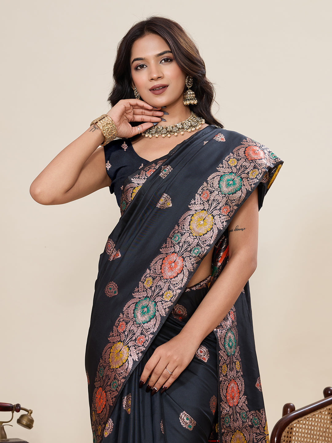 Vedant Vastram Soft Litchi Silk Banarasi Silk Jacquard Saree - Black | Grocsy