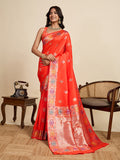 Vedant Vastram Soft Litchi Silk Banarasi Silk Jacquard Saree - Coral | Grocsy
