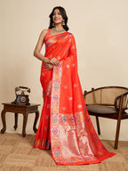 Vedant Vastram Soft Litchi Silk Banarasi Silk Jacquard Saree - Coral | Grocsy