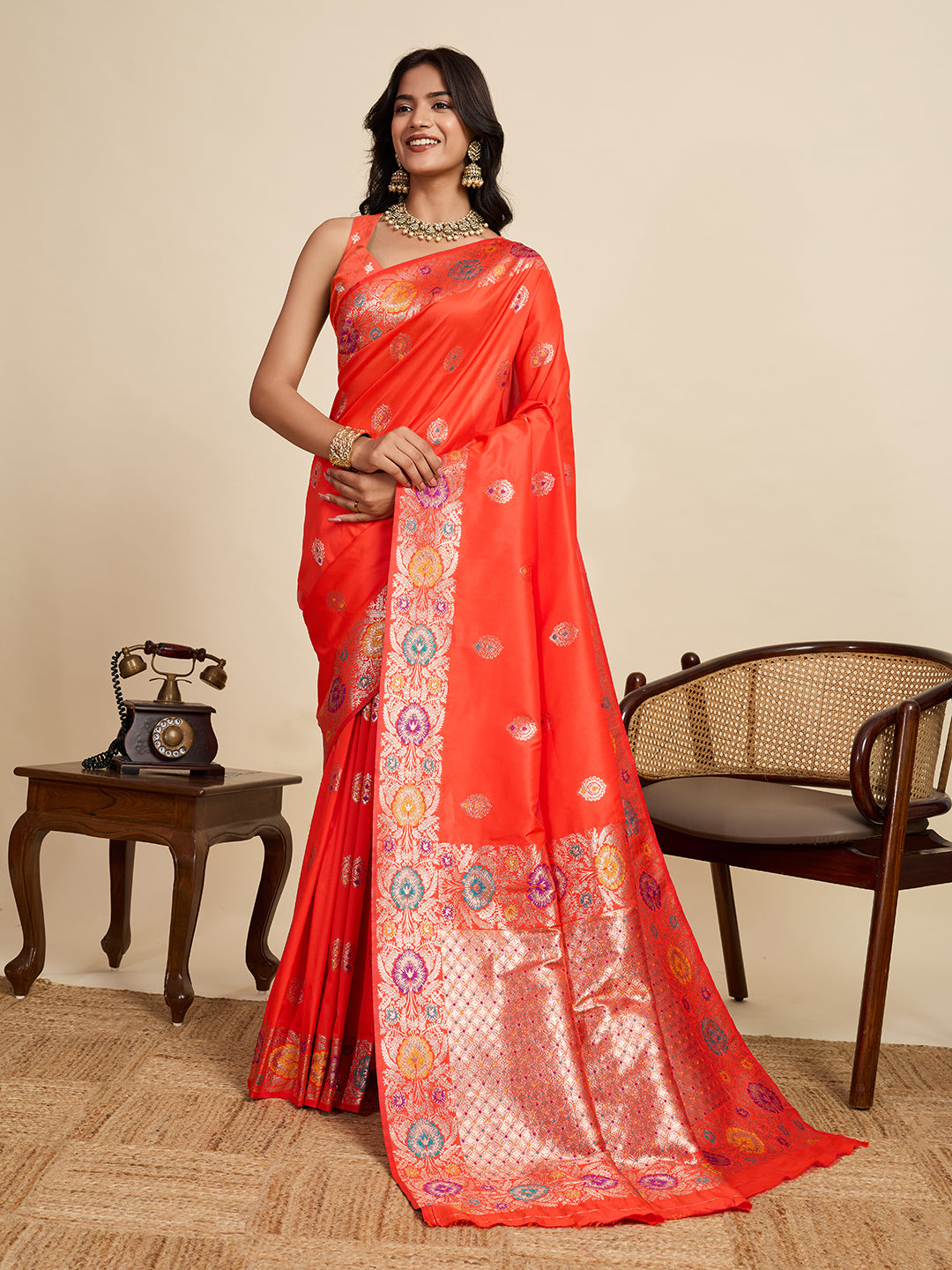 Vedant Vastram Soft Litchi Silk Banarasi Silk Jacquard Saree - Coral | Grocsy