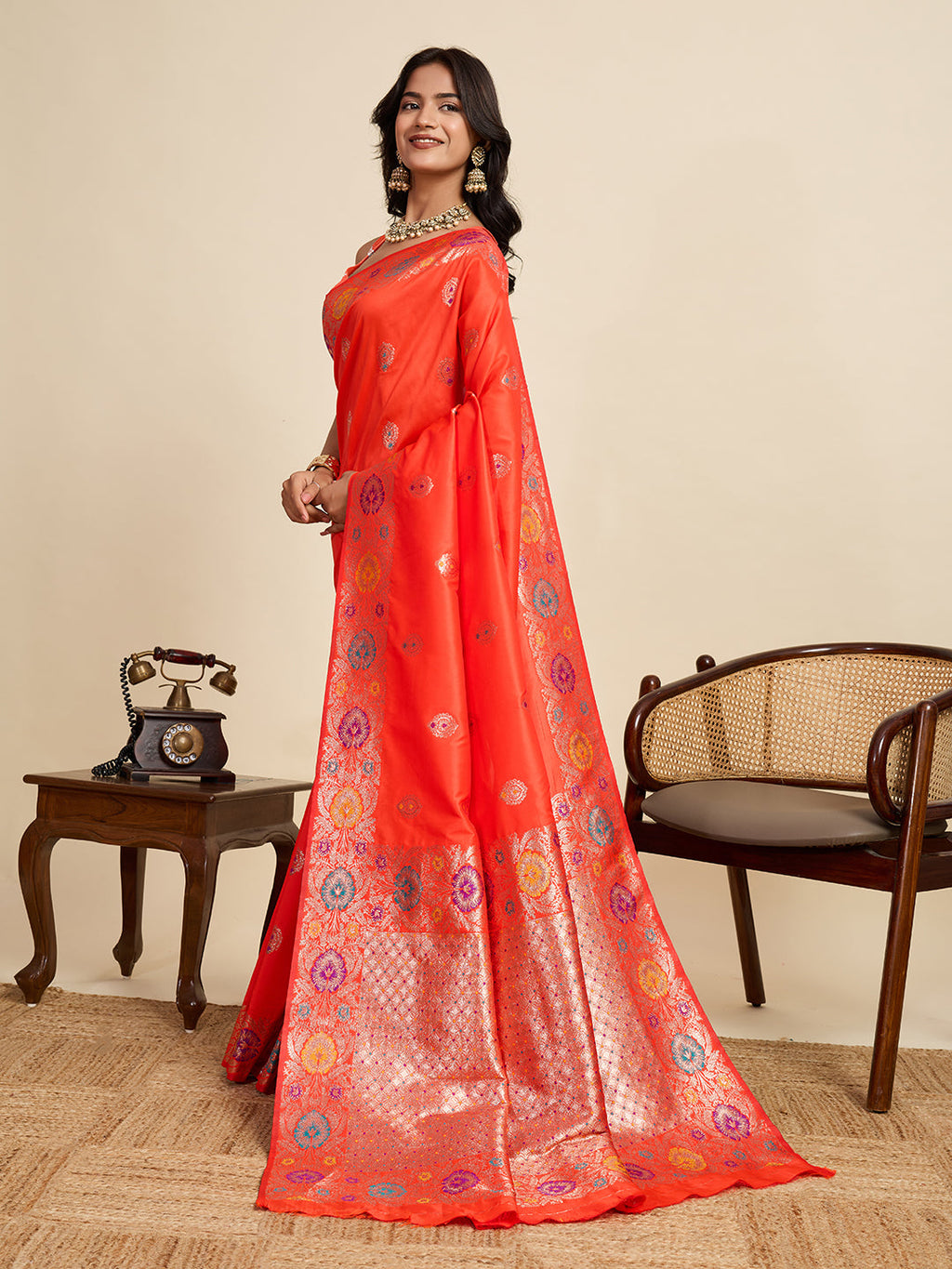 Vedant Vastram Soft Litchi Silk Banarasi Silk Jacquard Saree - Coral | Grocsy