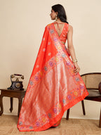 Vedant Vastram Soft Litchi Silk Banarasi Silk Jacquard Saree - Coral | Grocsy